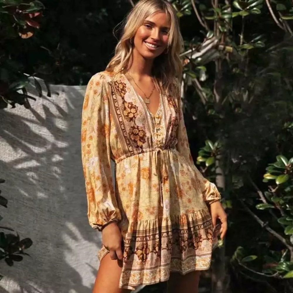 SOLD OUT Boho Golden Floral Long Sleeve Gypsy Dress - Picture 2 of 10